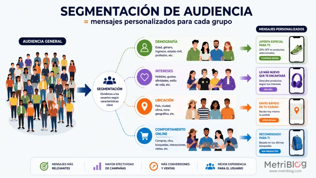 segmentación de audiencia en marketing digital con ejemplo de grupos de usuarios y mensajes personalizados