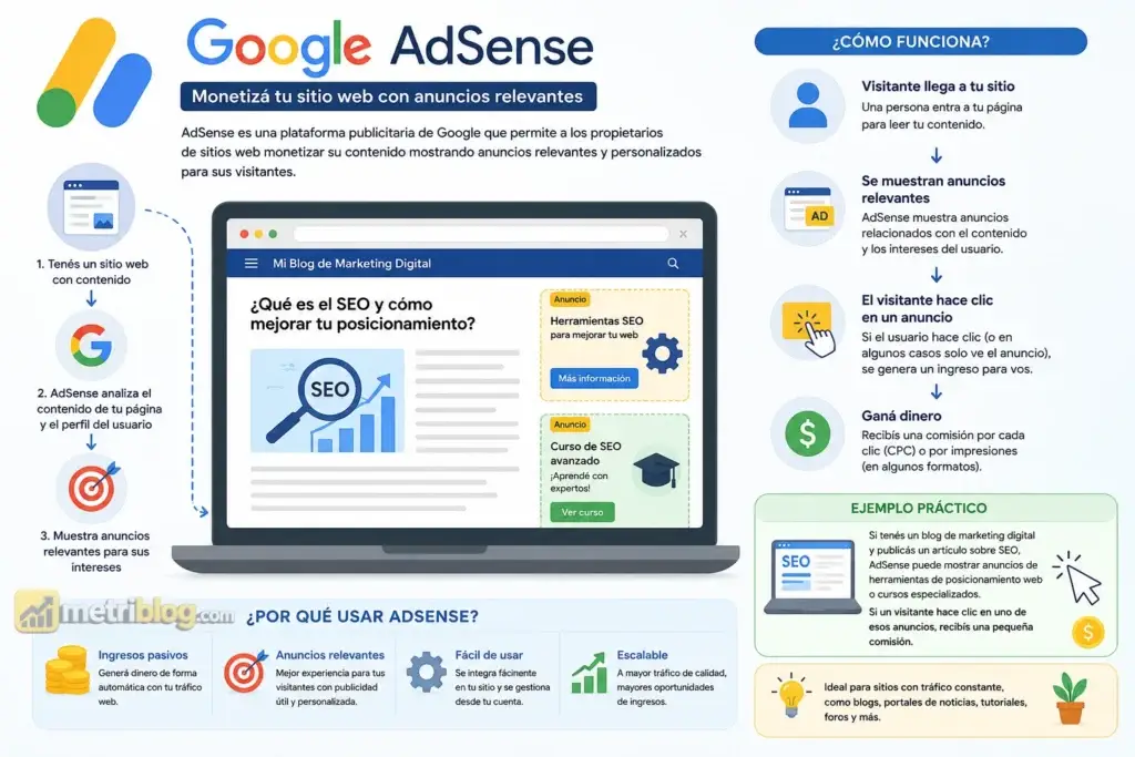Infografía educativa que explica qué es Google AdSense, cómo funciona la monetización mediante anuncios relevantes, el modelo CPC, las impresiones y un ejemplo aplicado a un blog de marketing digital.