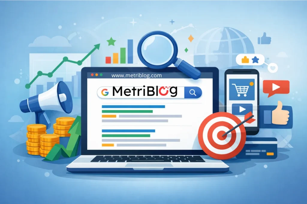Ilustraci&oacute;n de una estrategia de marketing en buscadores con resultados de Google, SEO, SEM y an&aacute;lisis de rendimiento