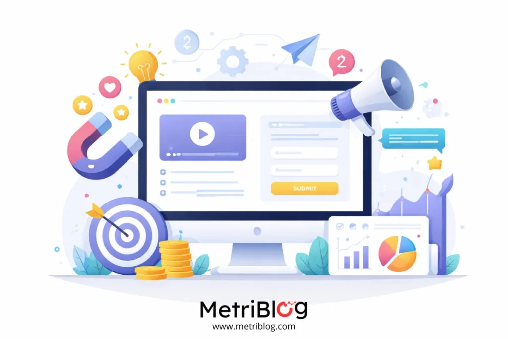 Ilustraci&oacute;n digital de una landing page en una pantalla con formulario, bot&oacute;n de env&iacute;o, gr&aacute;fico de m&eacute;tricas, im&aacute;n de leads y objetivo con flecha representando conversi&oacute;n y marketing digital.