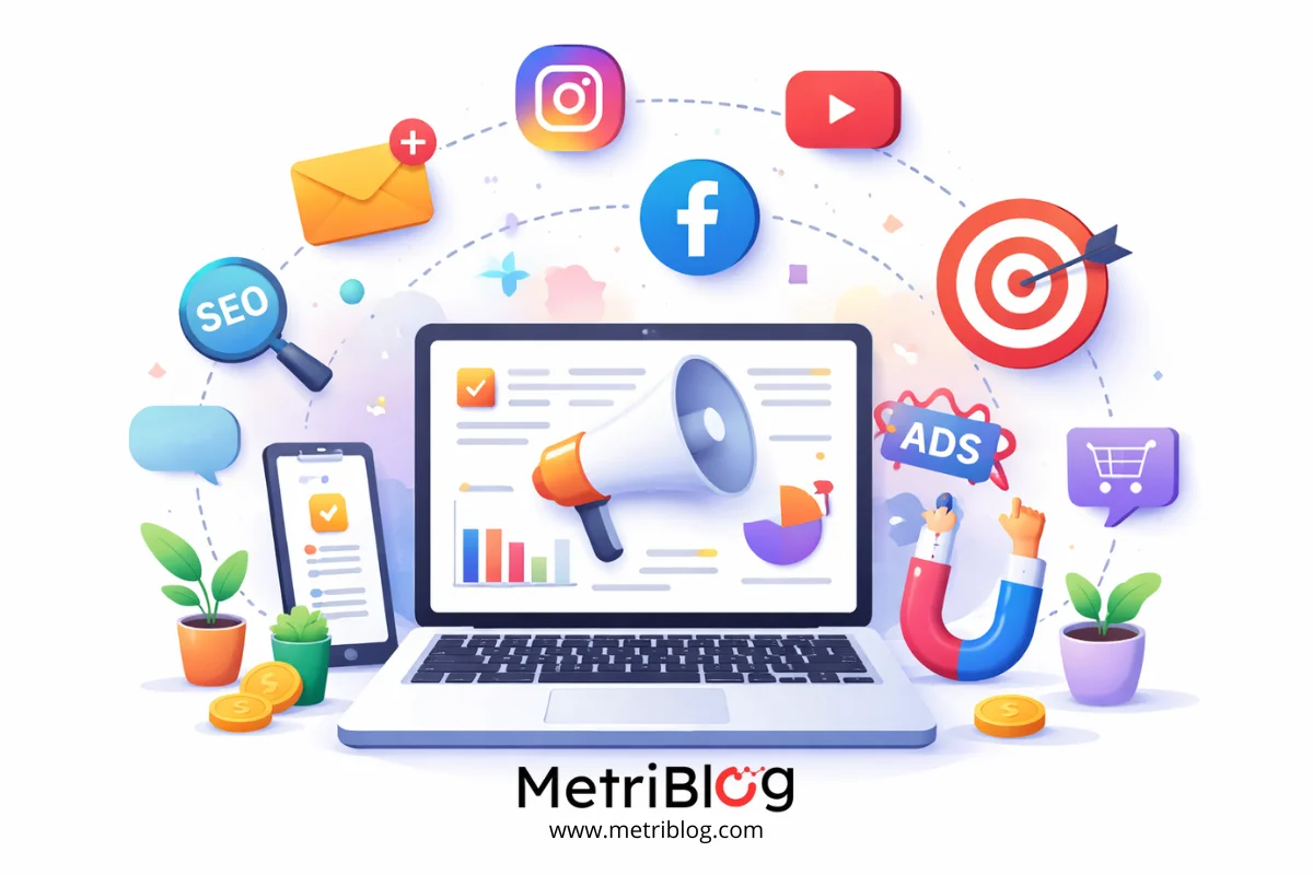 Ilustraci&oacute;n de una computadora con elementos de marketing digital como SEO, redes sociales, publicidad online y anal&iacute;tica.