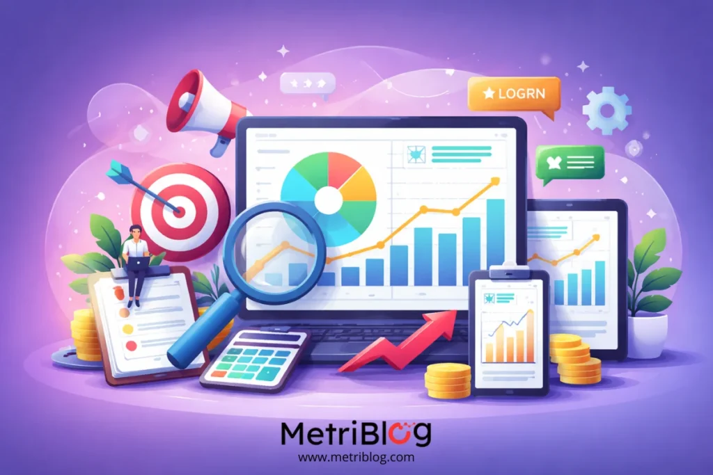 Ilustraci&oacute;n moderna con fondo violeta mostrando dashboards de m&eacute;tricas digitales, gr&aacute;ficos de crecimiento, lupa analizando datos y dispositivos con estad&iacute;sticas de marketing online.