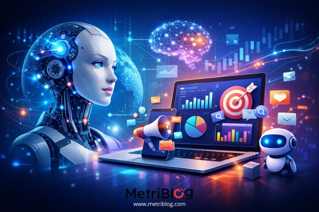 Ilustraci&oacute;n futurista de inteligencia artificial analizando datos de marketing digital en una computadora con gr&aacute;ficos, m&eacute;tricas y elementos de automatizaci&oacute;n.