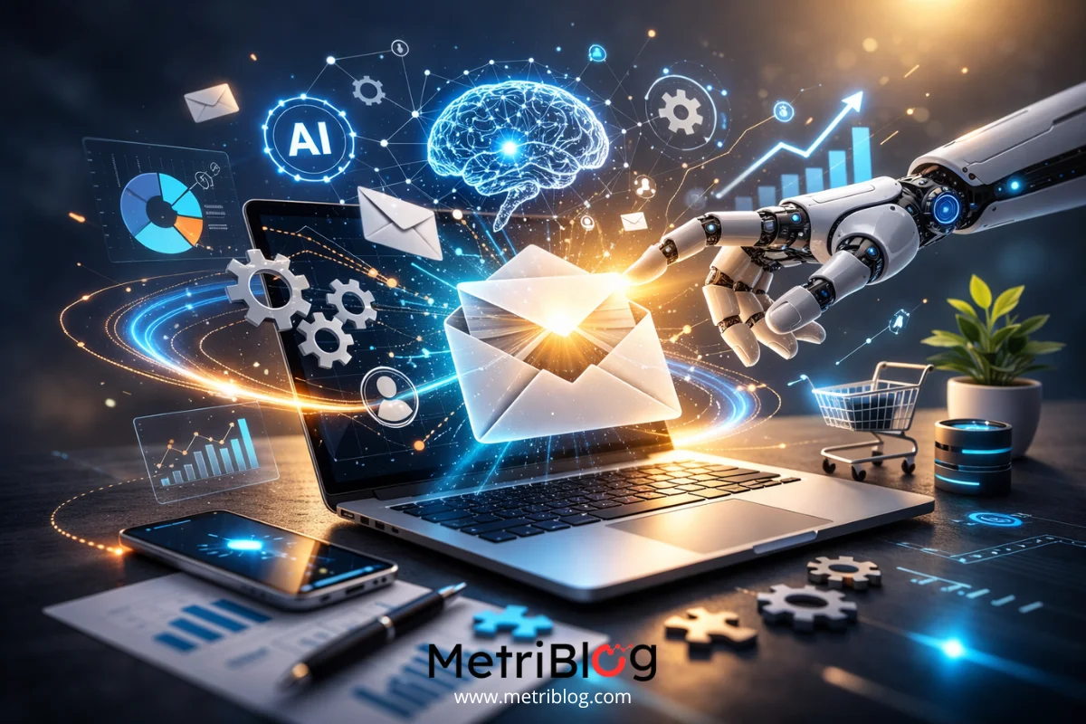 Ilustración de inteligencia artificial y automatización aplicada al email marketing con laptop, sobre digital y gráficos de análisis de datos.