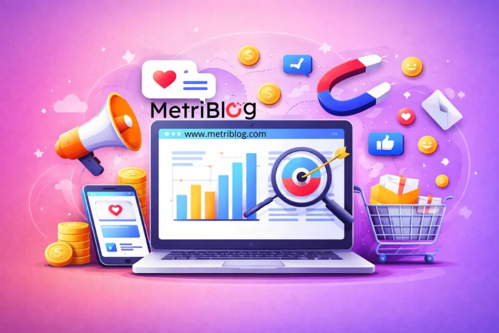 Ilustraci&oacute;n sobre estrategias de marketing digital con laptop, m&eacute;tricas, redes sociales, publicidad online y an&aacute;lisis de datos.