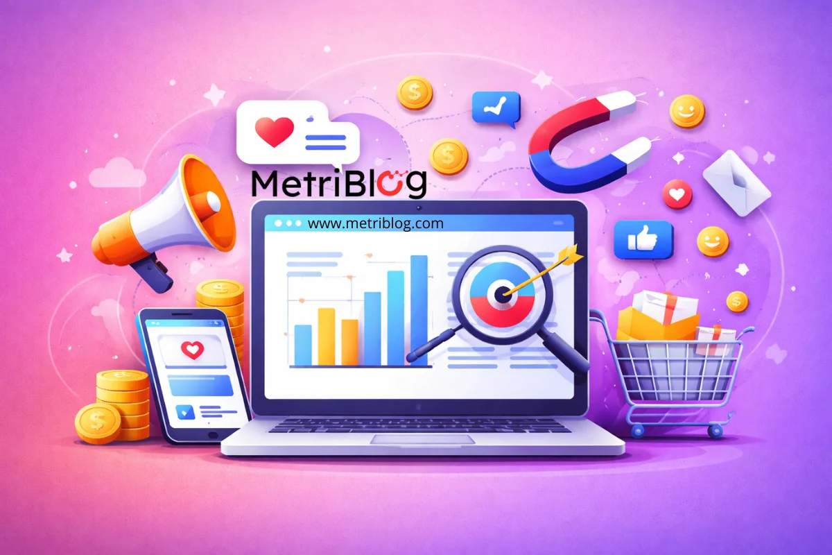 Ilustraci&oacute;n sobre estrategias de marketing digital con laptop, m&eacute;tricas, redes sociales, publicidad online y an&aacute;lisis de datos.