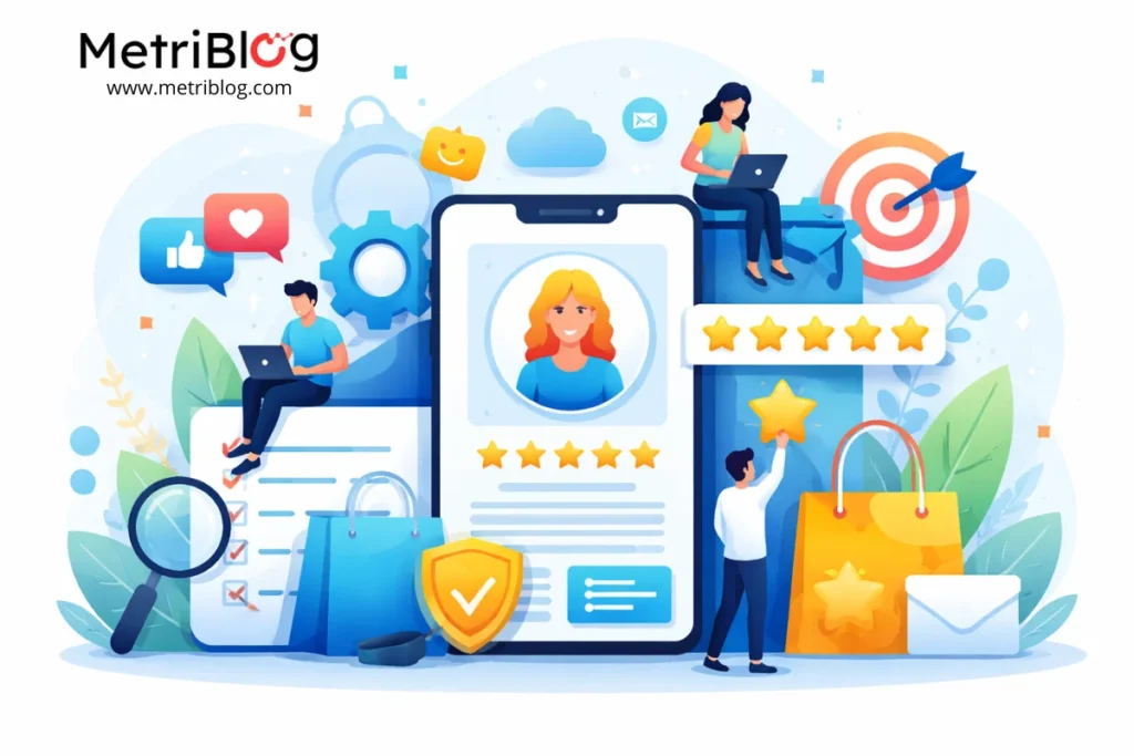 Ilustraci&oacute;n de la experiencia del cliente mostrando interacciones digitales, valoraciones con estrellas, atenci&oacute;n al cliente y satisfacci&oacute;n del usuario.