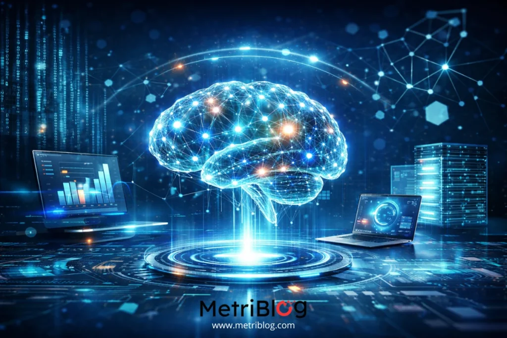 Ilustraci&oacute;n horizontal de un cerebro digital hologr&aacute;fico conectado a datos, servidores y laptops, representando la gesti&oacute;n del conocimiento y la transformaci&oacute;n digital.