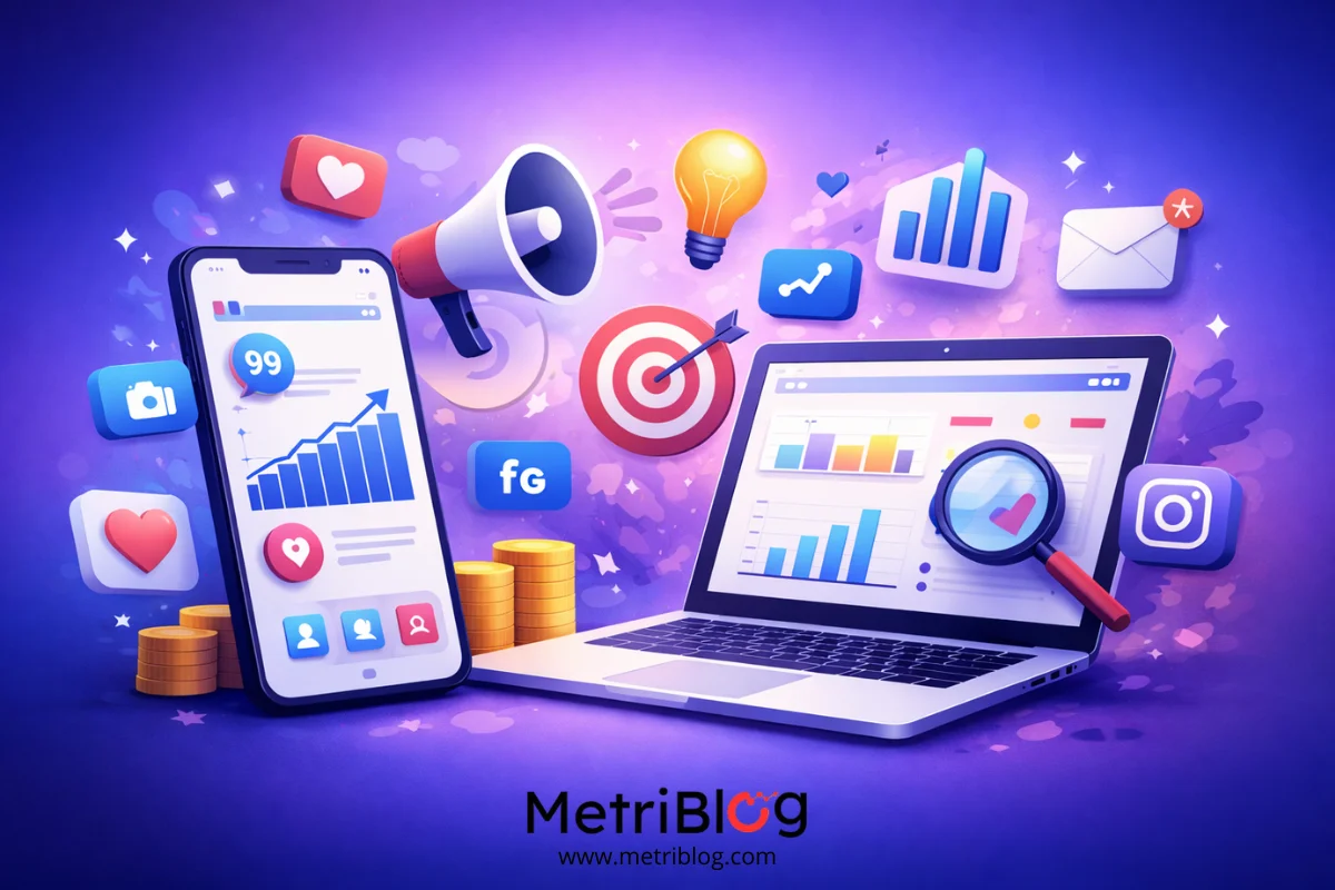 Ilustraci&oacute;n de smartphone y laptop mostrando gr&aacute;ficos de crecimiento, redes sociales, publicidad digital y herramientas de anal&iacute;tica en marketing digital.