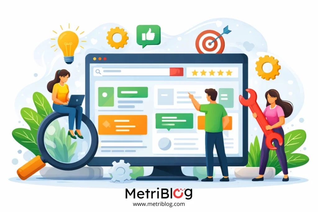 Ilustraci&oacute;n de un equipo analizando la usabilidad de un sitio web en una pantalla con iconos de experiencia de usuario, herramientas y optimizaci&oacute;n.