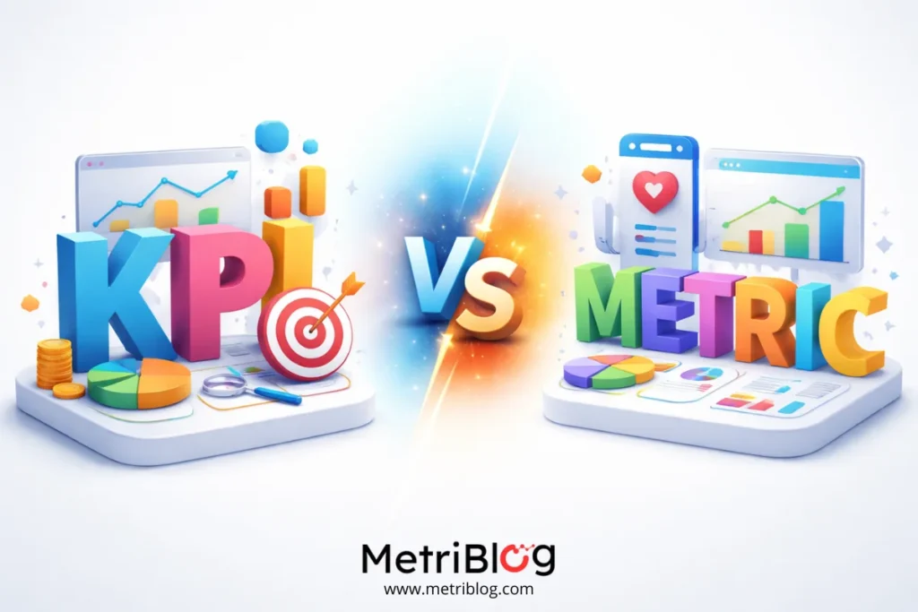 Ilustraci&oacute;n 3D comparativa de KPIs y m&eacute;tricas en marketing digital con gr&aacute;ficos, paneles de datos y elementos de an&aacute;lisis visual.