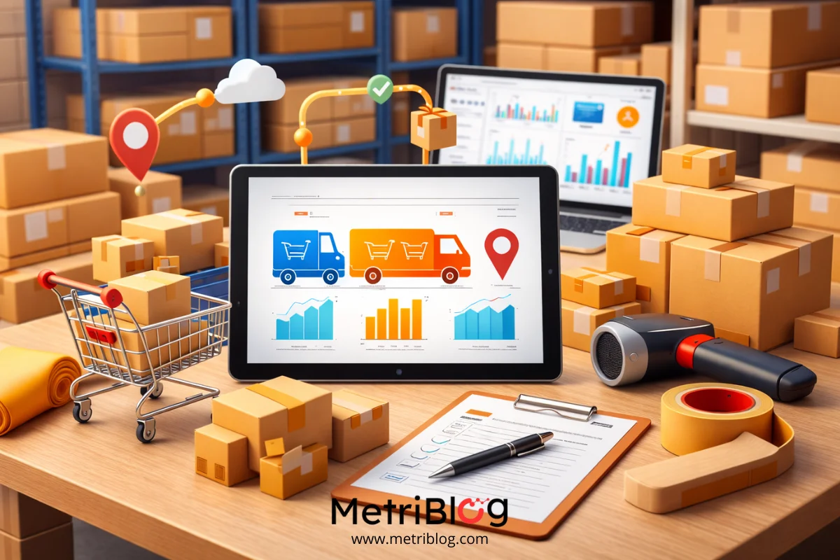 Ilustración 3D animada de un almacén de comercio electrónico con paquetes, carrito de compras, tablet y laptop mostrando gráficos de logística y transporte, optimizando la cadena de suministro.