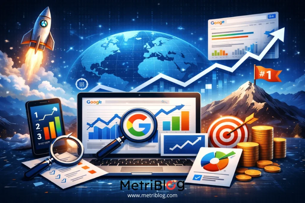 Ilustraci&oacute;n horizontal que representa an&aacute;lisis de m&eacute;tricas SEO: gr&aacute;ficos ascendentes, laptop con logo de Google, lupa, objetivo con flecha, cohetes y monedas, simbolizando crecimiento y optimizaci&oacute;n digital.