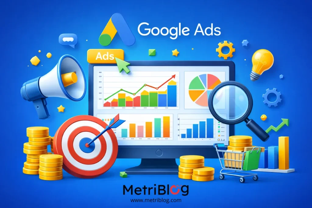 Ilustraci&oacute;n digital en fondo azul con panel de m&eacute;tricas de Google Ads mostrando gr&aacute;ficos de rendimiento, logo de Google Ads, lupa, objetivo y monedas que representan optimizaci&oacute;n y rentabilidad publicitaria.