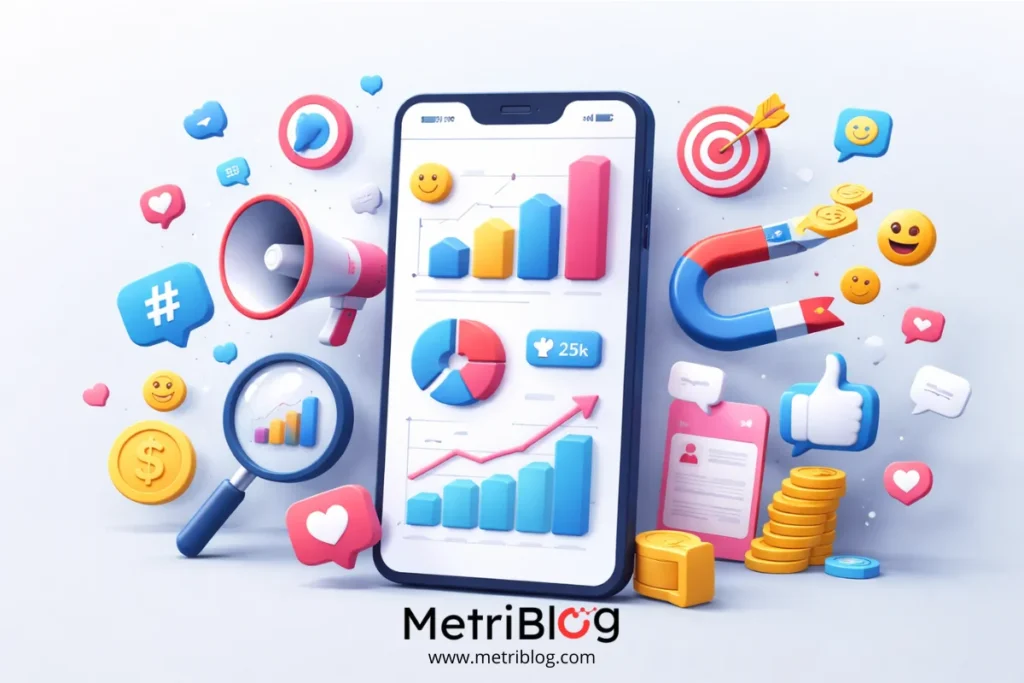 Ilustraci&oacute;n 3D de un smartphone mostrando gr&aacute;ficos de m&eacute;tricas en redes sociales, rodeado de &iacute;conos de engagement, crecimiento y conversi&oacute;n.