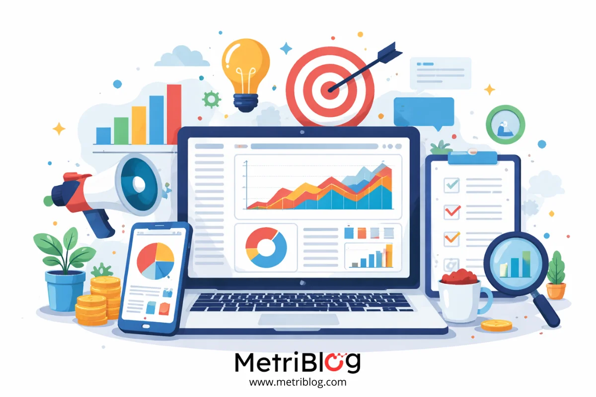 Ilustraci&oacute;n de escritorio con laptop mostrando dashboard de m&eacute;tricas digitales, gr&aacute;ficos de rendimiento, smartphone, lupa y elementos de marketing online.