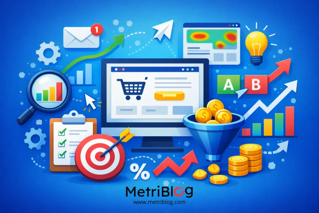 Ilustraci&oacute;n de CRO con embudo de conversi&oacute;n, an&aacute;lisis de datos, pruebas A/B y crecimiento de conversiones en un sitio web