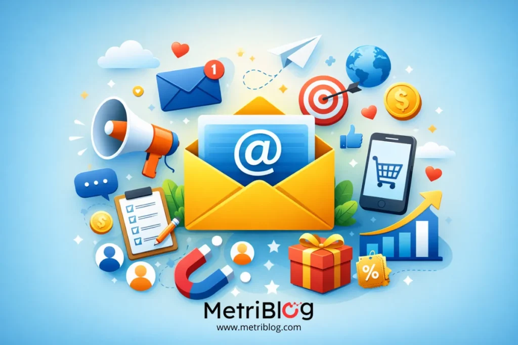 Ilustraci&oacute;n de email marketing con un sobre, un correo electr&oacute;nico y elementos de marketing digital como objetivos, ventas y automatizaci&oacute;n
