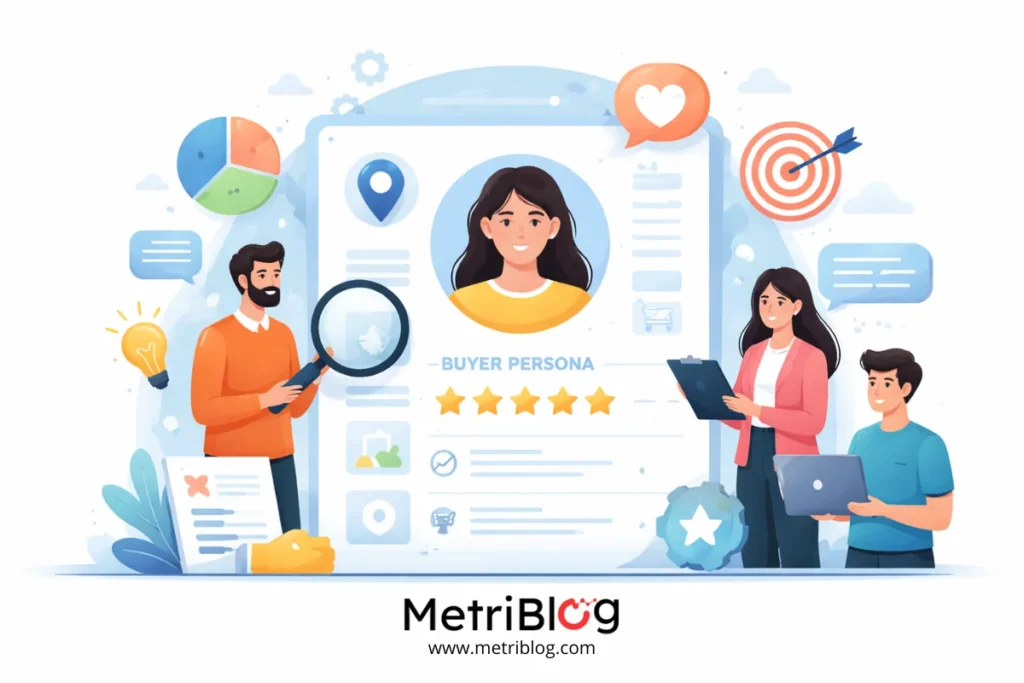 Ilustraci&oacute;n de un buyer persona analizado por un equipo de marketing con datos, objetivos y comportamientos del cliente ideal