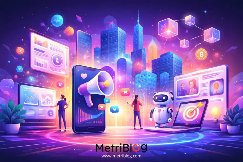 Ilustraci&oacute;n futurista del marketing digital con inteligencia artificial, automatizaci&oacute;n, dispositivos m&oacute;viles, robot y an&aacute;lisis de datos en una ciudad tecnol&oacute;gica.