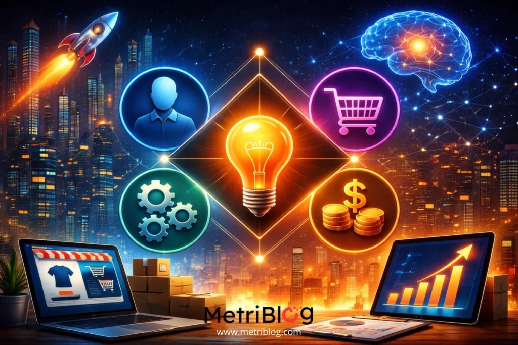 Ilustraci&oacute;n de un modelo de negocio digital con &iacute;conos de cliente, propuesta de valor, operaciones e ingresos conectados en un entorno tecnol&oacute;gico y e-commerce