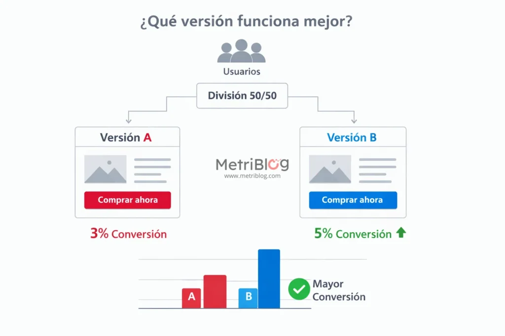 Ejemplo de A/B Testing comparando dos versiones de una landing page para mejorar la tasa de conversión