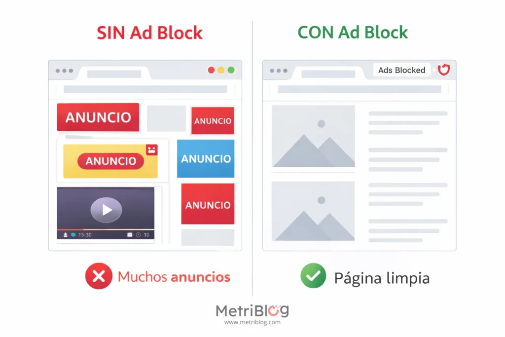 Comparación de una página web con y sin Ad Block mostrando cómo se bloquean los anuncios publicitarios